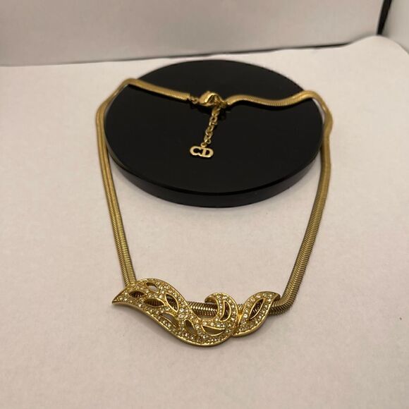Real Christian Dior gold tone necklace rhinestone pendant - Picture 2 of 10